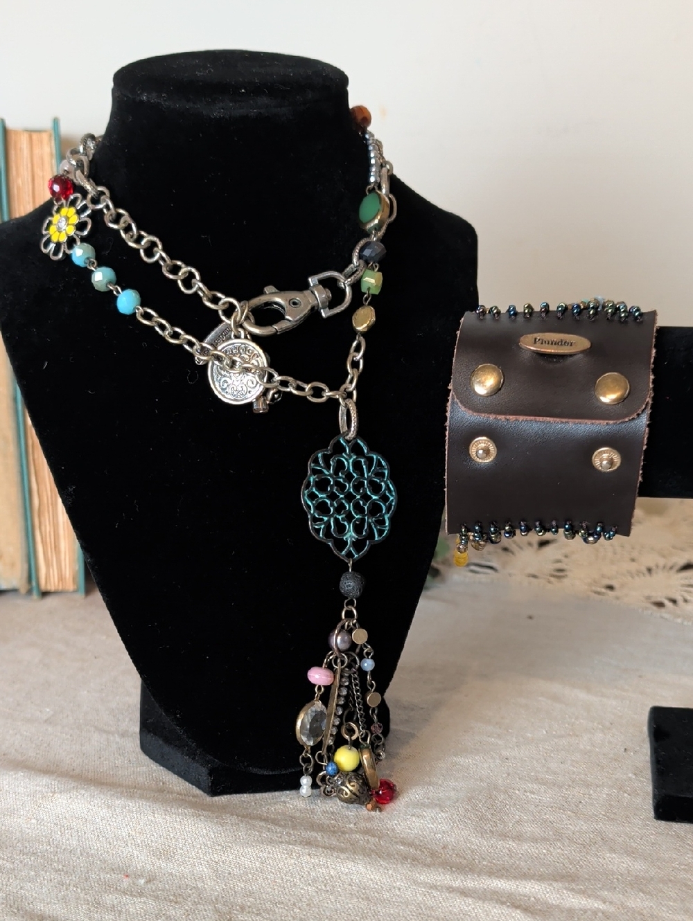 Plunder Boho Charm Necklace & Snap Cuff Bracelet Set Eclectic Festival Jewelry